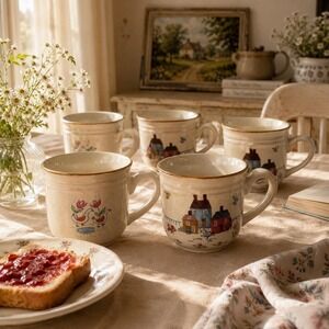 Vintage Heartland Village Stoneware Mug Set of 6 Cottagecore Farmhouse Cups